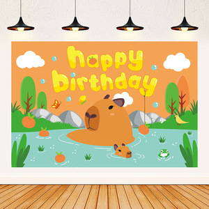 Nouveau Toile de fond photo 7*5ft Marron Capybara pour Fête d'anniversaire 1 an Fille Garçon, Bannière de dessin animé, Accessoires de photomaton - Product Image 3