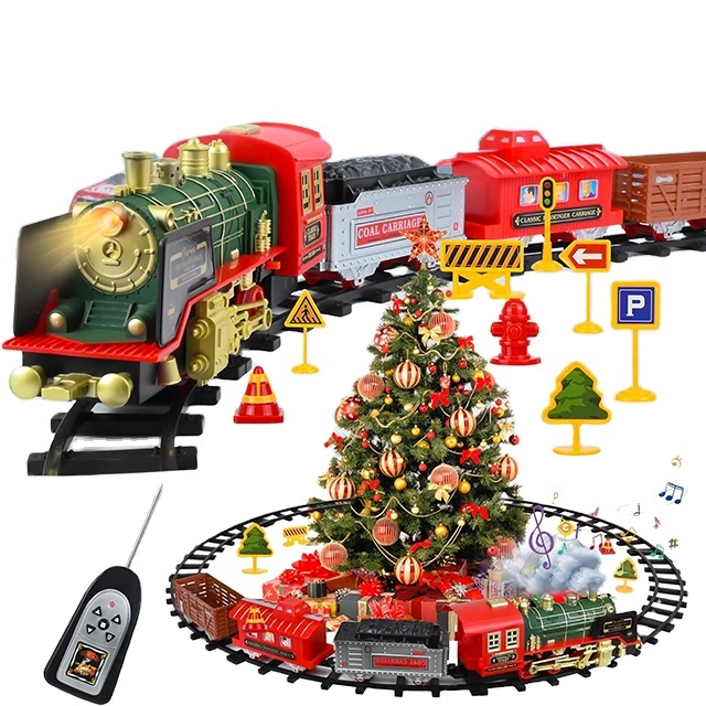 Classical Steam Electric Train Set Rc Car Track Steam Locomotive Engine with Smokes Sounds and Light Christmas Gift for Kids