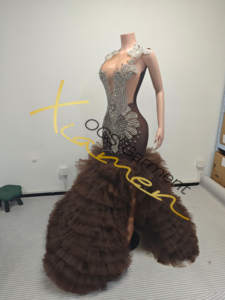 Ocstrade quần áo nhà sản xuất lấp lánh màu nâu Rhinestone Nàng Tiên Cá Gown Layered Tulle Train <span class=keywords><strong>Wedding</strong></span> Gown Dresses đối <span class=keywords><strong>v</strong></span>ới ảnh cưới - Product Image 5