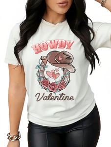 T-shirt da donna Howdy Valentine a maniche corte, girocollo, casual, con stampa a cuore, traspirante, leggera, primavera estate - Product Image 1