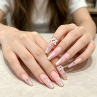 Lot de 24 faux ongles roses dégradés en strass et perles ABS à presser avec colle, kit de manucure réutilisable pour salon