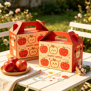 Kawaii Cartoon Apple Gift Box Gable Cardboard Carrier <strong>Happy</strong> Smile Fruit Packaging Custom Logo Free Design Sample Wholesale Bulk - Product Image 1