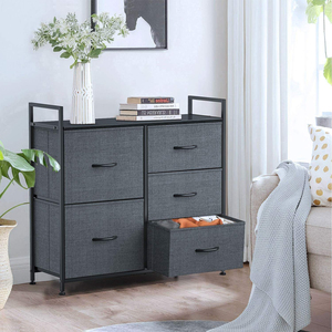 Cómoda multifuncional de 5 cajones con tiradores de madera, organizador de armario de hierro y cajones de tela - Product Image 1