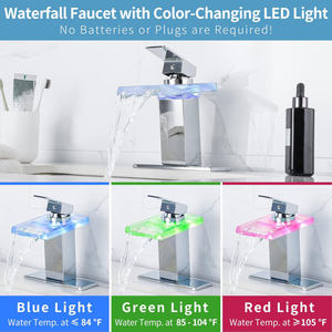 Robinet de salle de bain moderne à cascade LED simple, chromé, monotrou/centre, avec bec en verre sensible à la température et plaque de montage incluse - Product Image 2