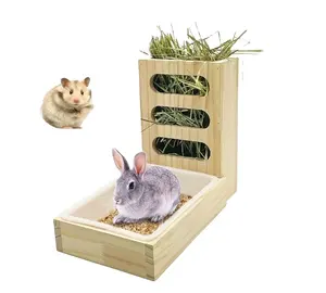 Mangeoire à foin de lapin avec bac à litière Mangeoire en bois Distributeur de foin de lapin Support d'herbe pour petits animaux pour hamsters