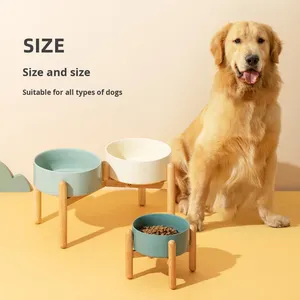 Automatic Ceramic <strong>Dog</strong> <strong>Bowl</strong> with Double <strong>Bowl</strong> Neck Protection <strong>Wooden</strong> <strong>Stand</strong> for Medium/Large/Small <strong>Dogs</strong> - Product Image 1