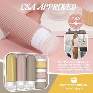 Kit de voyage de 6 flacons et pots vides en silicone compressible sans BPA avec logo personnalisé pour shampoing et articles de toilette - Product Image 3