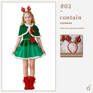 MS Girls Christmas Green Velvet Dress Set with Antler Headpiece and Cape 2-Piece <b>Santa</b> Party <b>Costume</b> - Product Image 2