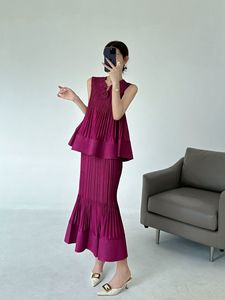 Miyake เสื้ออัดพลีทแฟชั่นระดับไฮเอนด์ของผู้หญิง, เสื้อลำลองทรงสกินนี่สองชิ้นและกระโปรงยาวถึงข้อเท้าสำหรับฤดูร้อน - Product Image 6