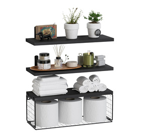 Kệ phòng tắm bằng gỗ trên nhà vệ sinh nổi Kệ phòng tắm treo tường với Giỏ dây - Product Image 1