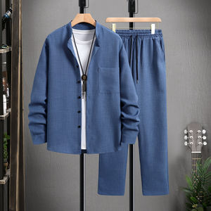 Heren Smart Casual 2-delige set met opstaande kraag, lang mouwlig overhemd en casual broek in effen kleur voor dagelijks gebruik - Product Image 1