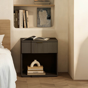 Walnut Nightstand With Drawer And Open <b>Shelf</b> Storage <b>Unit</b> - Product Image 2