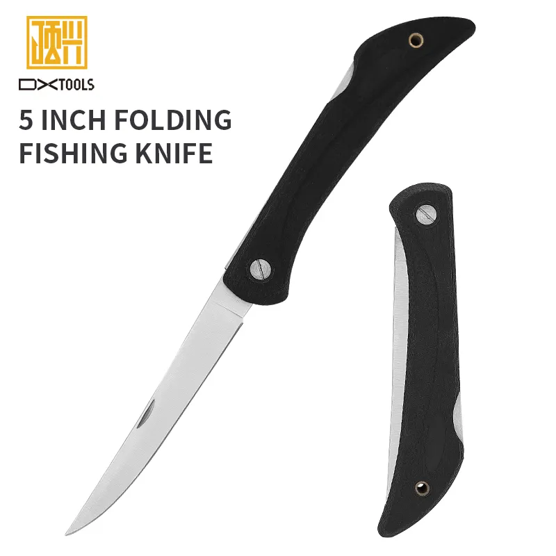 Pesca série 5 "Folding Fish Fillet faca, lâmina de aço inoxidável com alça TPR, pesca filé faca para carne, preto