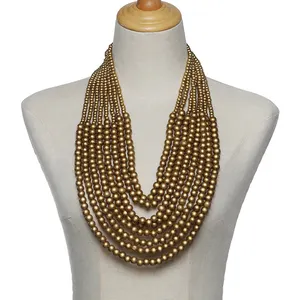 New Design Muslim Beads Wood Beads Multi loop complex necklace with gold colored geometric beads for a high-end retro feel