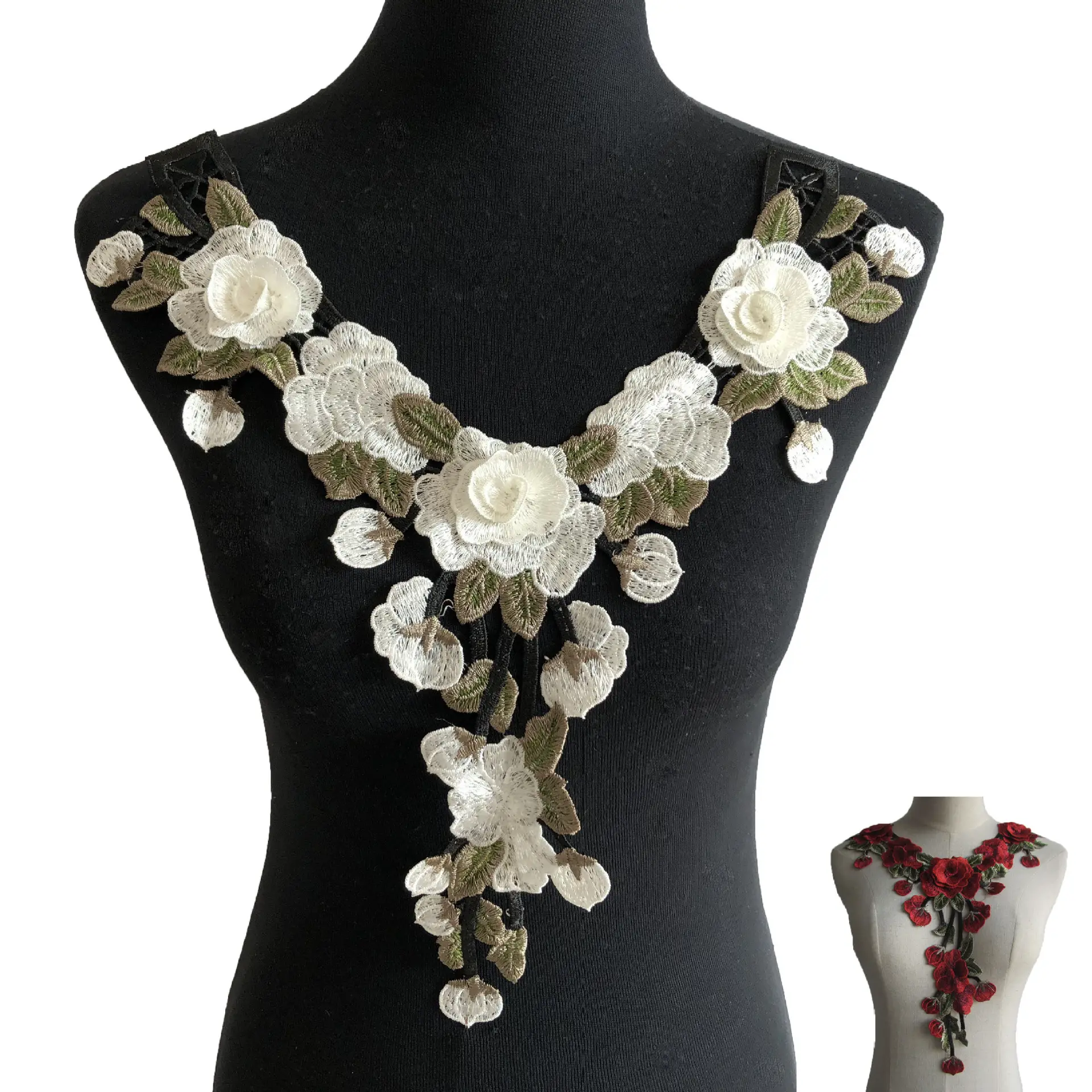 Di alta qualità di personalizzazione 3D bella fiore ricamo tessuto di pizzo abito da sposa collo collo pizzo per l'artigianato