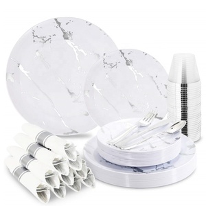 Wedding Party Marble Design Disposable Plastic Dinnerware Set With Silverware And Gold Rim Cups White And Gold Plastic Plates