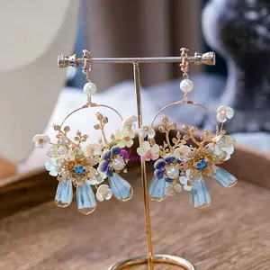 Handmade Blue Petals Liquid Resin Earrings Ear Clip Wedding Prom Jewelry Decoration