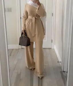 C-8 Wholesale Dubai Hijab Arab Islamic Clothing Modes Simple Clothing Abaya Muslim Women Dress Middle East 2pcs Sets