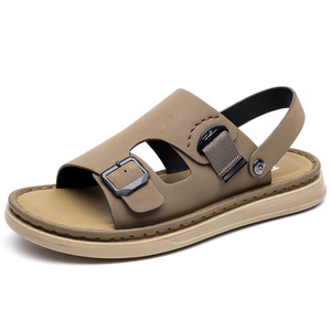 Sandales d'été pour hommes, chaussures de plage plates, antidérapantes, respirantes, en cuir, à enfiler, décontractées, kaki, noir - Product Image 5