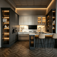 Ensemble d'armoires de cuisine modernes bicolores en bois sur mesure avec évier intégré, îlot, armoire vitrine LED, robinet, charnières et glissières de tiroirs