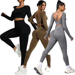 Conjunto de Yoga J2057 para Mujer, Pantalones Largos de Cintura Media Color Durazno, Transpirables, Sin Costuras, de Manga Larga, Ropa Deportiva para Fitness - Product Image 1
