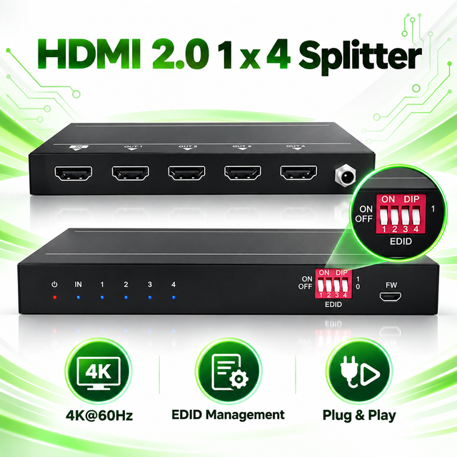 1*4 HDMI 2.0 Distribution Amplifier 18Gbps CEC Pass Through Signal Equalizer for KTV & Commercial Multi-screen Advertising