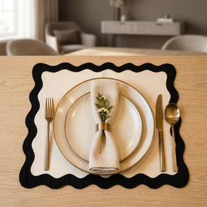 Premium Black & White Cotton <b>Placemat</b> with Scalloped Wavy Border | Elegant Rectangular Dining Table Mat for Home - Product Image 3