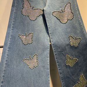 Boutique 2025 <span class=keywords><strong>Jeans</strong></span> Baggy da <span class=keywords><strong>Donna</strong></span> in Denim a Vita Alta con Perline a Forma di Farfalla Design Vintage e alla Moda per l'Estate 2025 - Product Image 4