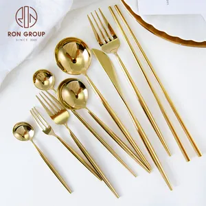 elegant party cutlery set gold plated wedding stainless steel gold flatware restaurant catering 4pcs dessert spoon and fork set