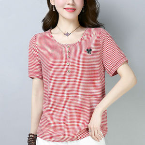 Women's Plaid T-Shirt Red Checkered Short Sleeve Loose Fit Cotton Breathable Summer Top - Product Image 1