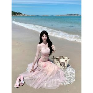 French Style Lazy Beach Vacation Pink Tie Dye Sundress Women Summer Long Dress Breathable Casual Cover Up - Product Image 3