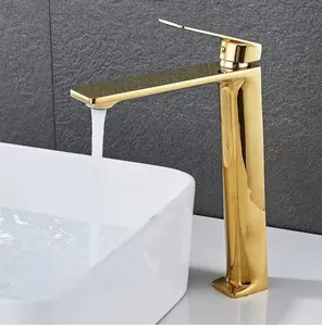 Grifo de lavabo de baño frío y caliente dorado de latón de alta calidad moderno