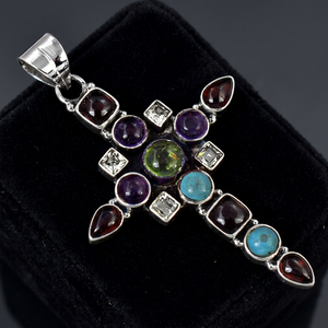 <b>Ruby</b> Multi Gemstone Cross Charm Pendant Silver Plated Classic Style Unisex Gift - Product Image 2