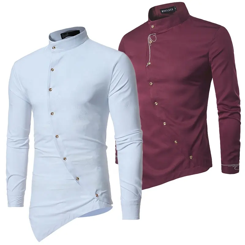 Mens Shirts Asymmetrical Button Up Top Ethnic Wear African Clothing Wedding Party Dresses White Floral Shirt