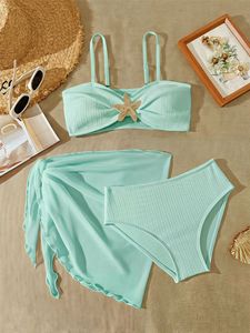 Children Spaghetti Strap Bikini Set Golden Starfish Detail Mesh Wrap <strong>Skirt</strong> Beach <strong>Swimming</strong> <strong>Costume</strong> - Product Image 4