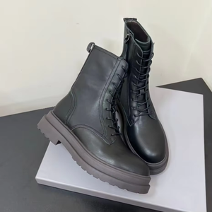 High Quality <b>Women</b> Genuine Leather Short <b>Boots</b> Autumn English Style Knight <b>Boots</b> Fashion Zipper Lacing Design High Top Platform - Product Image 5