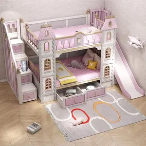 Luxus Pink Castle verwendet Full Over Twin Triple Etagen bett für 2 Kinder 1 Teen mit einer großen Leitern Rutsche