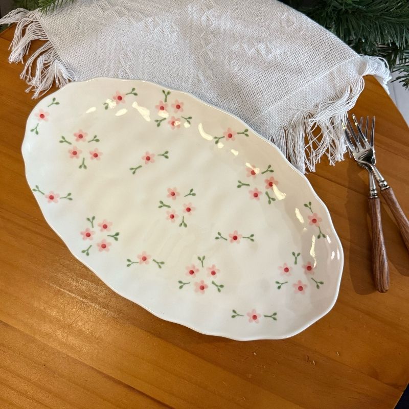Assiette Ovale Florale Rose