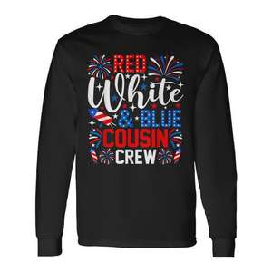 T-shirt à manches longues rouge, blanc et bleu Cousin Crew, design feux d'artifice du 4 juillet, col rond unisexe pour adulte - Product Image 1
