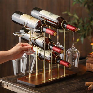 Support de rangement créatif en bois massif pour verre à vin rouge <span class=keywords><strong>Pied</strong></span> haut inversé Accueil Casier à vin suspendu Porte-vin en métal avec fond en bois - Product Image 3