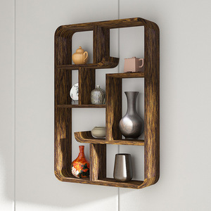 Chinese Style Solid Wood <b>Wall</b> <b>Mounted</b> Display <b>Shelf</b> Irregular Shape Multi Compartment For Teapots Study Room - Product Image 1