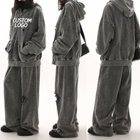 Sweat-shirt à capuche zippé personnalisé Vintage Distressed Sweatsuit Acid Wash Ensemble de pantalons de survêtement à capuche surdimensionnés pour hommes