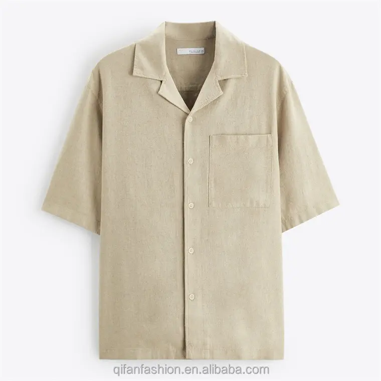 男性用カスタムリラックスフィットキャンプカラー半袖ビスコースリネンシャツ