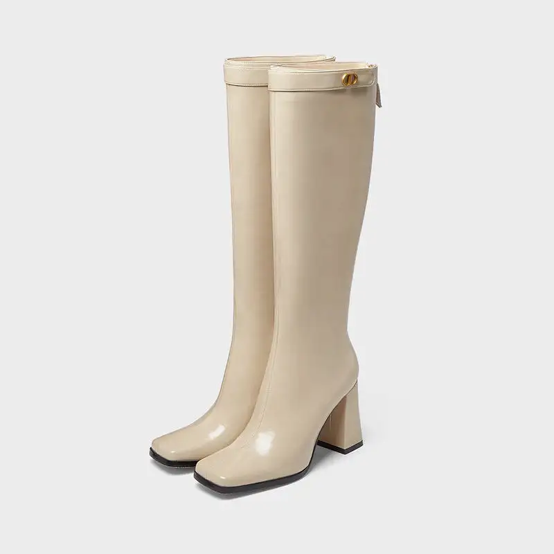 Xinzirain, новый дизайн, женские сапоги до колена из натуральной кожи с квадратным носком, с широким валом, на высоком каблуке 12 см