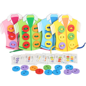 Vestiti educativi fai-da-te forma filo giocattolo in legno bambini scuola materna abilità di vita apprendimento 4 pezzi bottoni da cucire gioco - Product Image 5