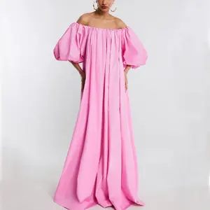 New Arrival Puff Short-sleeved Loose Dress Wholesale Tunic Barbie Pink Maxi Dress Off-shoulder Chic and Elegant Women's Gown