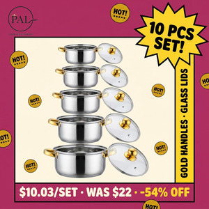 Luxury Modern 10-Piece Lightweight Stainless Steel Sauce Pot Set with <strong>Gold</strong> Handle Glass Lid (16-24cm) Induction/Gas Wedding Gift - Product Image 2