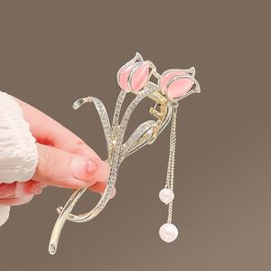 Pince <span class=keywords><strong>à</strong></span> cheveux chinoise en strass motif fleur de tulipe, avec chaîne <span class=keywords><strong>à</strong></span> pampilles en perles et pierre œil de chat, pour femmes - Product Image 2