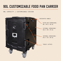 Conteneur isotherme à chargement frontal pour aliments, boîte chauffante en LLDPE rotomoulé avec roues pour le transport commercial de la restauration