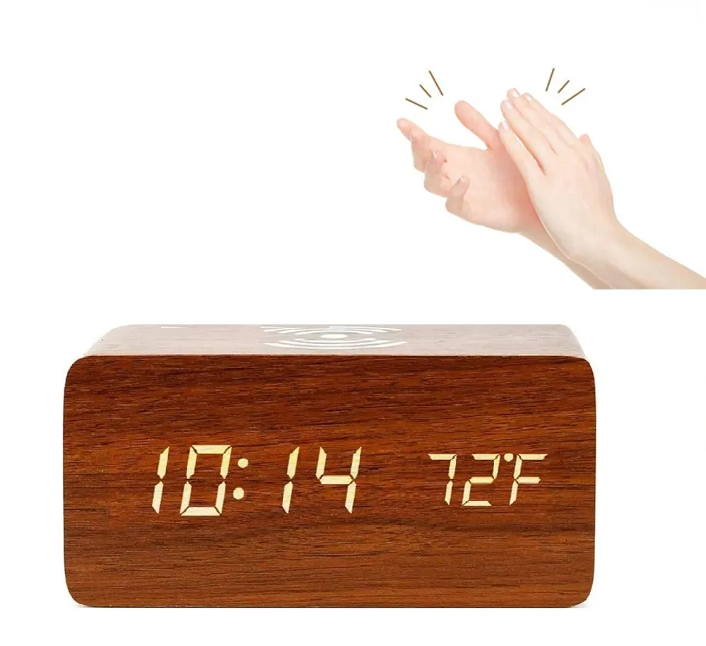 2022 Sell Digital Wireless Charger Table Clock Wooden Led Alarm Lametric Time Clock For Smart Home